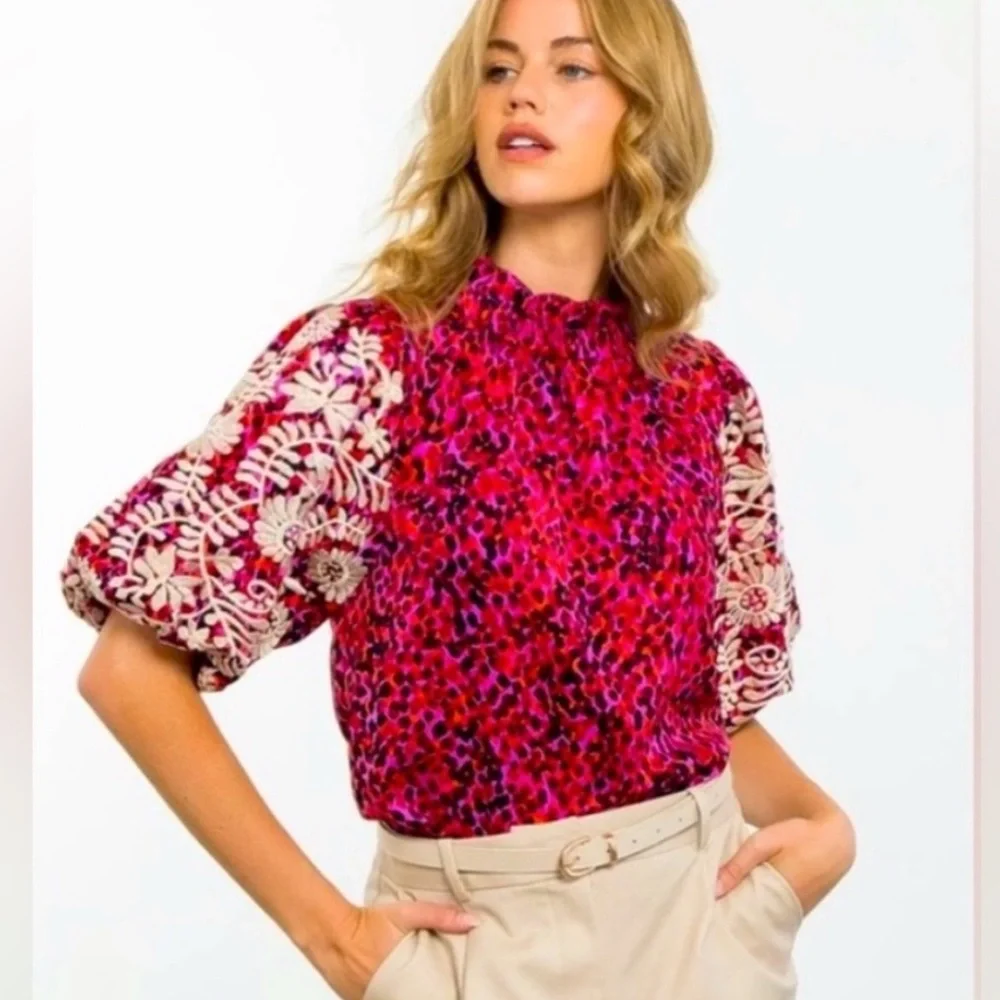 Anthropologie THML Embroidered Puff Sleeve Texture Top